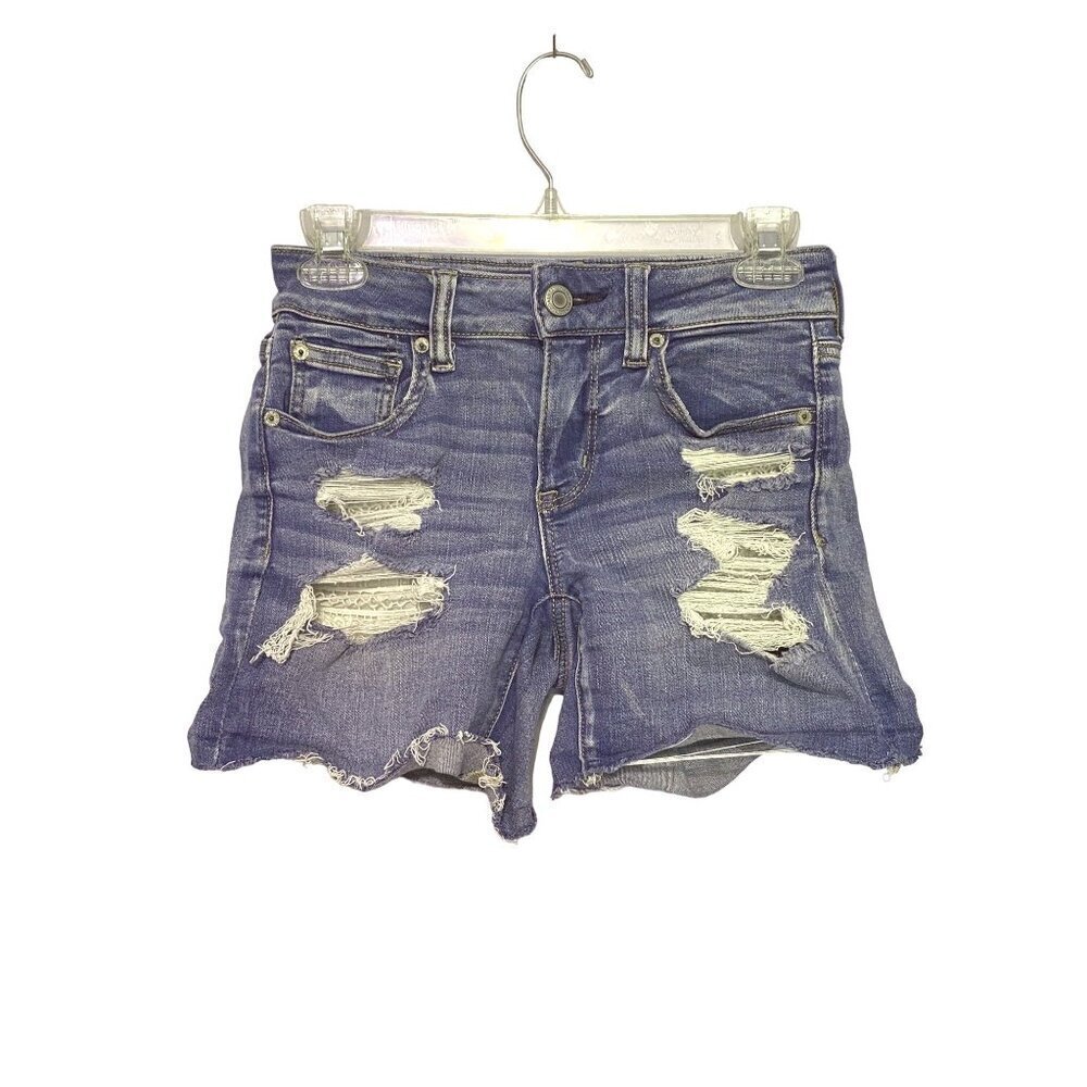 American Eagle‎ MIDI Next Level Stretch Destressed Denim Shorts Women’s Size 4